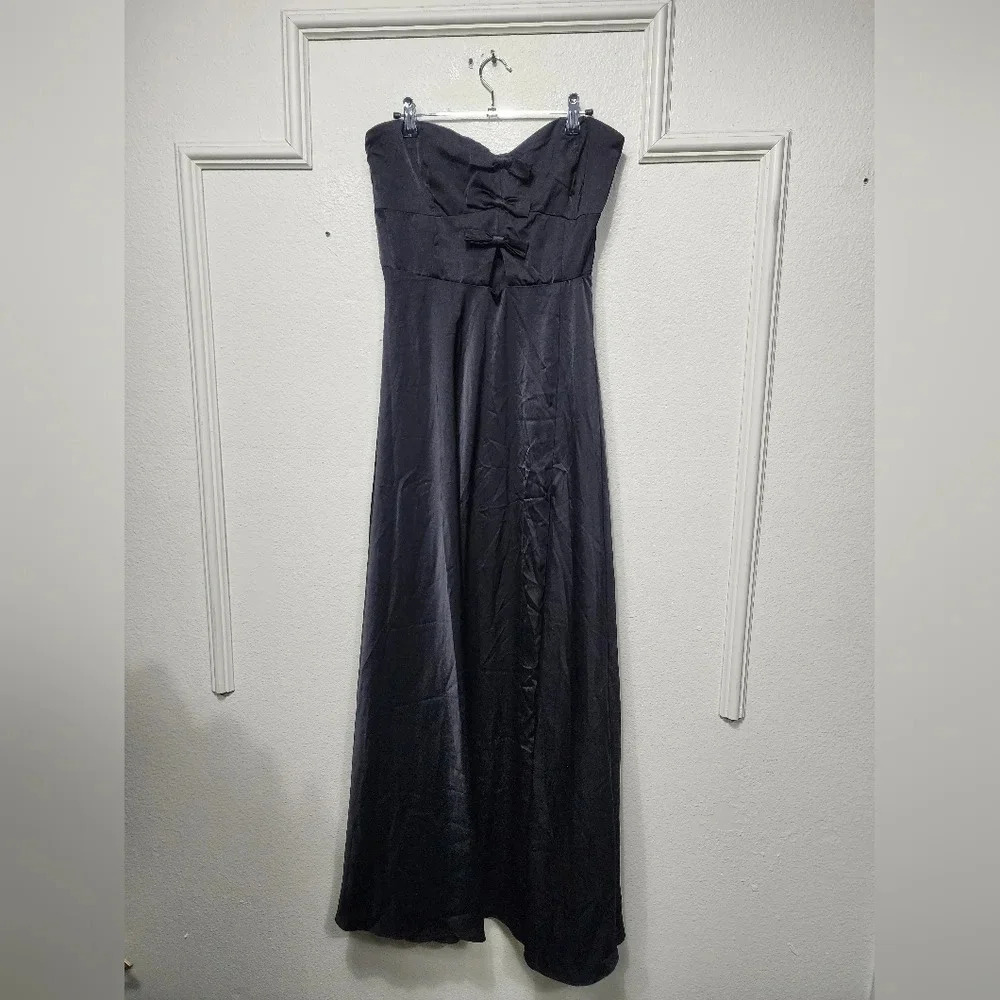 Lulu's Upscale Poise Black Satin Bow Strapless Maxi Dress Wedding Party Guest - Picture 6 of 12